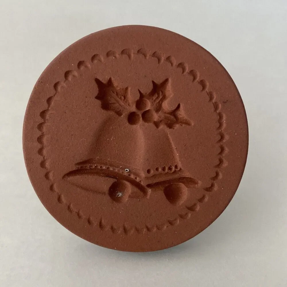 Rycraft Cookie Stamp Christmas Bells Terra Cotta 2” Round Handle Green Glaze